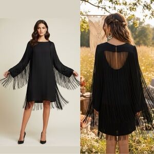 Twelfth St By Cynthia Vincent Black Fringe Long Sleeve Boho Western Chic Dress